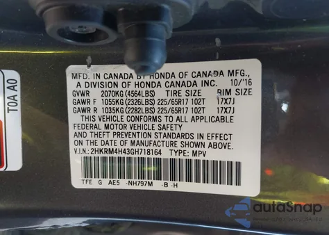 2016 Honda Cr-V Se from USA, damaged, VIN 2HKRM4H43GH718164